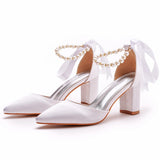 7 Cm Thick Heel Pointed Sandals With Shallow Female Sandals White Beaded Satin Cloth Bride High Heels Large Size HZ0115