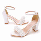 7 Cm Round Head With Thick Heel And Shallow Mouth With Sandals Beaded Flowers Wedding Dress Shoot High Heels Sandals HZ0115