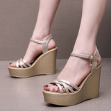 Golden Super High Slope And 12Cm Fashion Cross With Small Size Women's Shoes One-Word Thick-Bottomed Waterproof Toe Women's Sandals HZ0115