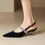 2025 Spring And Summer New French Diamond Soft Leather Silver Tip Behind The Back Of Mary Jane Single Shoes Small Heel Sandals Woman HZ0115