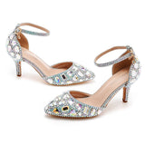 7 Cm Large-Size Sandals Fine Heel Head Water Drill High Heel Sandals Gold Water Drill High Heels Wedding Shoes HZ0115