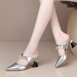 Fashion Women's Shoes 2025 New Fashion Coarse Sandals Pearl Chain Half-Bag Head Slippers High Heels Sandals Dragged White HZ0115