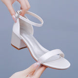 5 Cm Square Heel Sandals Shallow Mouth With Buckle Sandals Ivory White Silk Satin Cloth Bride White Sandals Woman HZ0115