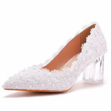 7 Cm Shallow Crystal Transparent Coarse Single Shoes White Lace Pointed Large Size Wedding Shoes Bridesmaid Party Performance HZ0115