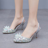 7 Cm Silver Light-Mouthed Pointed Sandals Water Drill Glass Fine Heel Sandals Large Wedding Shoes Bride Wedding Women's Shoes HZ0115