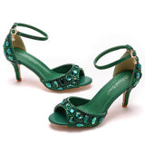 7 Cm Fish Mouth High Heel Sandals Shallow Mouth With Large-Size Round-Head High Heels Golden Water Drill Fine Sandals HZ0115