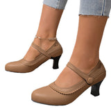 2025 New Ladies Retro Mary Jane High Heels Large-Size Coarse Lace Round Head High Heel Single Shoes HZ0115