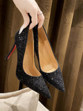 Black Red-Soled High Heels Women's Fine Heel 2025 Autumn/Winter Autumn And Winter New Sequin Crystal Wedding Shoes At The Tip Of Professional Sexy Single Shoes HZ0115
