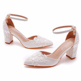 7 Cm Square Thick Heel Sharp In The Hollow Sandals Spring Square Side Light Female Shoes White Lace Net Bride High Heels HZ0115