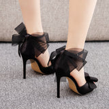 11 Cm Sexy Large-Size Net Yarn Bow Bow Fish Mouth High Heel Sandals Shallow Word With Round Head Sandals 4546 Yards HZ0115