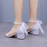 5 Cm Square Heel Sandals Shallow Mouth With Thick Heel Sandals White Beads Drifted Sandals Bride Wedding Sandals HZ0115