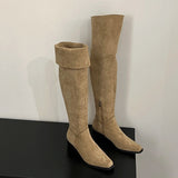Two Long Legs!Two Through The Knee Long Boots Girl Retro Velvet Fold Pile Boots Square Head Thick And High Knight Boots HZ0115