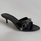 OMG! Good Look! Retro Black Rivet Buckle High Heel Women Casual And One-Word Slippers HZ0115