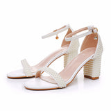 9 Cm Thick Heeled Light Mouth With Sandals Round Head Square Thick Sandals White Pearl Sandals Wedding Shoes HZ0115