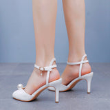 8 Cm Ultra-Fine High-Heeled Fish Mouth Sandals Hollow Light Mouth Buckle With Large-Size Round-Head High-Heeled Shoes Pearl Wedding Shoes HZ0115