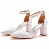7 Cm Thick Heel Pointed Sandals Spring Square Side Light Female Sandals White Satin Cloth Bride High Heels Large Size HZ0115