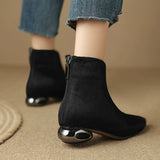 French High-End V-Mouthed Small Ankle Boots 2025 New Autumn And Winter Fashion Plush Metal Head Tip Black Short Boots Woman HZ0115