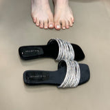 Fashion One-Word Slippers Women Summer Outside Wearing Lazy Water Drill With Low-Heeled Toe Cool Drag High Sense HZ0115
