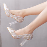 9 Cm Thick Heel Crystal Transparent Square Tip Single Shoe Bridal Silk Satin Cloth Diamond Skirt Wedding Shoes HZ0115