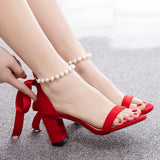 7 Cm Thick Heel Shallow Mouth With Velvet Sandals Round Head Square Sandals Beads Drifting Summer Sandals Woman HZ0115