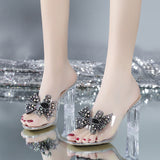 Water Drill Bow One-Word Slippers Women Summer Sexy Crystal And High-Heeched Cool Slippers Transparent Drag HZ0115