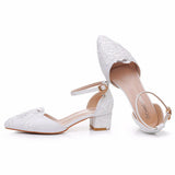 4 Cm Square Thick Heel Tip Hollow Sandals Spring Square With Light White Lace Mesh Bride High Heels Woman HZ0115