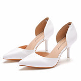 7 Cm White Fine-Heeled Pointed Sandals Hollow Two-Siped Sandals Large-Size Pointed Wedding Shoes Women's Banquet Shoes HZ0115