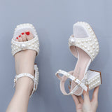 9 Cm Thick Heel Fish Mouth Waterproof Table Sandals Round Head Square Thick Heel Sandals White Pearl Wedding Shoes HZ0115