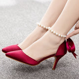 7 Cm Medium Heel Sandals Fine Heel Water Drill Beaded Sandals Simulation Silk Wedding Banquet Dress Shoe Tips Sandals Woman HZ0115