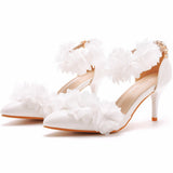 7 Cm White Flowers High Heel Sharp Sandals One Word Wristband Bride Hollow Fine Tip Head Wedding Dress Sandals HZ0115