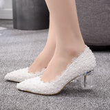 7 Cm Shallow Crystal Transparent Coarse Single Shoes White Lace Pointed Large Size Wedding Shoes Bridesmaid Party Performance HZ0115