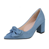 Denim High Heels Ladies Fashion Single Shoes Coarse Heel Small Fragrant Wind New Bow Large Size Shoes 35-42 HZ0115