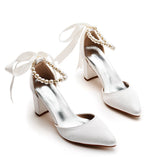 7 Cm Thick Heel Pointed Sandals With Shallow Female Sandals White Beaded Satin Cloth Bride High Heels Large Size HZ0115