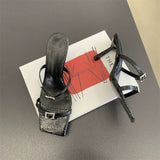 Black Square Head High-Heeled Women's New Summer 2025 Thin Heel Toes Wearing Cold Slippers Casual Women's Shoes HZ0115
