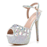 14Cm Fish Mouth High-Heeled Sandals Fine Heel Water Diamond Wedding Shoes Bride Shoes Color Diamond Crystal Sandals Full Of Diamond Shoes HZ0115