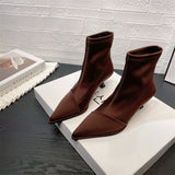 Tide-Brand Silk Satin Sleeve Tip-Headed Short Boots Women 2025 Autumn And Winter New Fine And Elastic Boots Short-Shot Thin Boots HZ0115