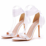 Elegant Fish Mouth High Heel Tie Sandals Beautiful Ribbon Silk Satin Cloth High Heel Women's Shoes Wedding Dress Wedding Dress HZ0115
