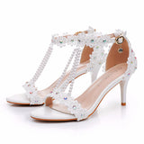 7 Cm Light Mouth With Sandals Fine Heel Sandals White Lace Wedding Shoes Famous Wind High Heel Sandals HZ0115
