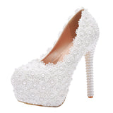 White Lace Heels Wedding Shoes Lace Pearl Shoes Size Fine Heel Waterproof Shoes 14WL HZ0115