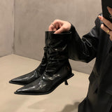 French Temperament High-Heeled Thin Short Boots Women's Shoes 2025 New Brown Autumn And Winter Plus Velvet Tip Boots Small Bare Boots HZ0115