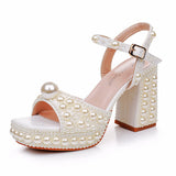 9 Cm Thick Heel Fish Mouth Waterproof Table Sandals Round Head Square Thick Heel Sandals White Pearl Wedding Shoes HZ0115