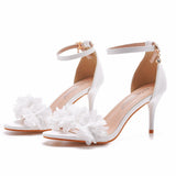 7 Cm Temperament Word With Light Mouth Fine Sandals White Flowers Wedding Shoes Fine Heel Small Summer Sandals HZ0115