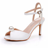 8 Cm Ultra-Fine High-Heeled Fish Mouth Sandals Hollow Light Mouth Buckle With Large-Size Round-Head High-Heeled Shoes Pearl Wedding Shoes HZ0115