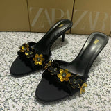 ZA Home 2025 New Cow Skin Flowers Exposed Toe And Cool Slippers Outside Wearing High Heels Sandals Women HZ0115