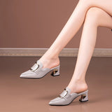 Metal Side Buckle Coarse Heel Baotou Cool Slippers Lady Wears Fashion Slippers Heel Sandals Half-Dragging Sandals HZ0115