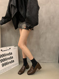 British Retro Style Single Shoes Small Leather Shoes Coarse Head Lefang Shoes Autumn And Winter New One-Legged Pedal Women's Shoes Black Shoes HZ0115