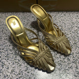 ZA Home 2025 New Women's Shoes Low Heel Temperament High Heels High-Heeled Shoes Back Scratches Single Shoes Gold Sandals HZ0115