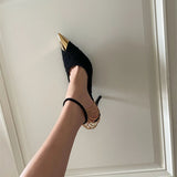 High Heels Black 2025 Spring New Pointed Metal Chain Sandals Women With Sexy Fine Heel Single Shoes HZ0115