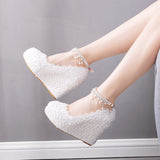 Pearl Lace Wedding Shoes Slope Heel Single Shoe Buckle With Slope Heel Waterproof Table Large Size Shoes Woman HZ0115