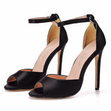 11 Cm Sexy Large-Size Black Silk Fish Mouth High-Heeled Sandals Shallow Word Buckle With Round Head High Heel Sandals 4546 Yards HZ0115